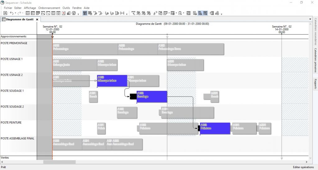 Opcenter - Mise en surbrillance d'un OF, visualisation des liens de séquencement entre opérations